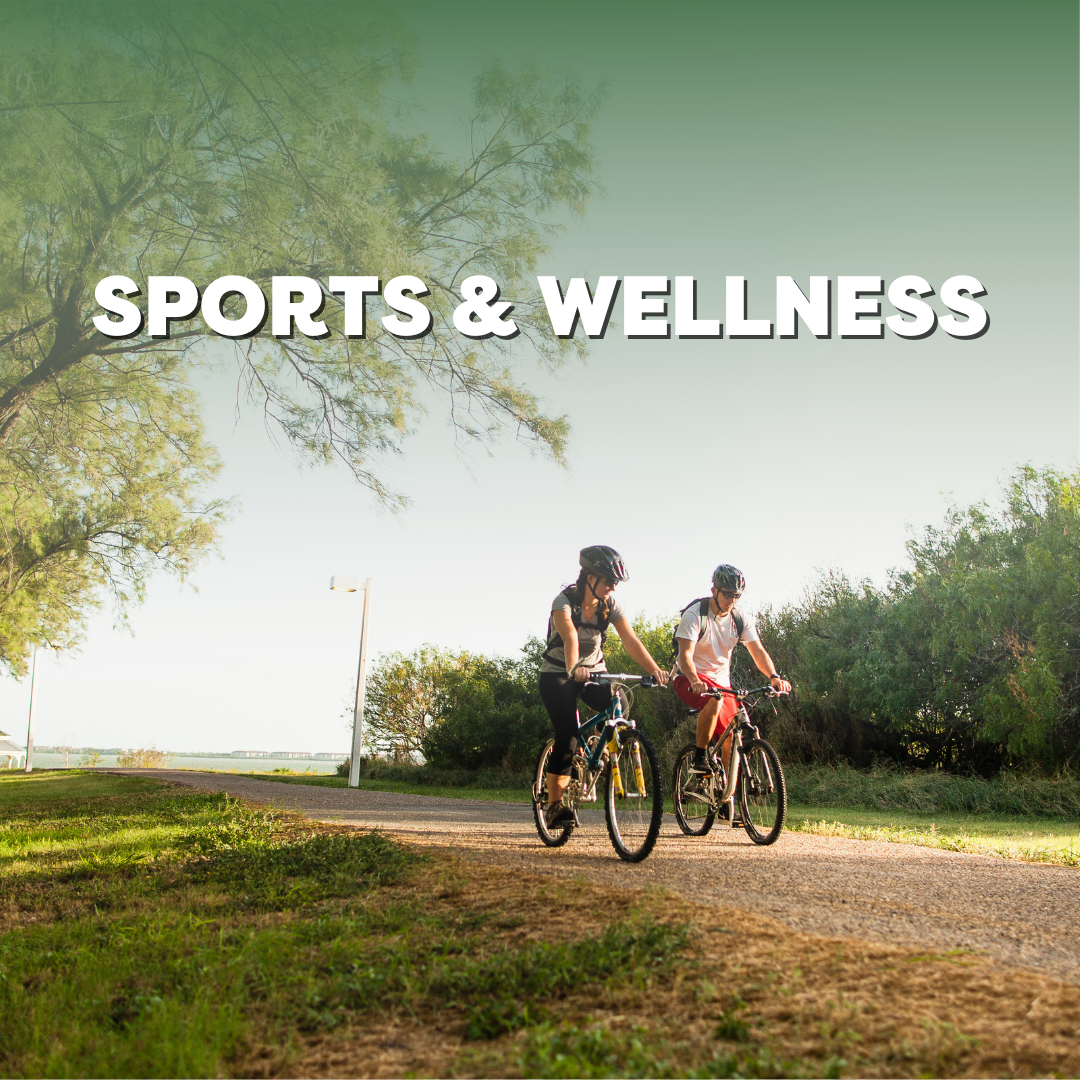 Two people cycling on a sunny trail surrounded by green trees with sports and wellness theme in background