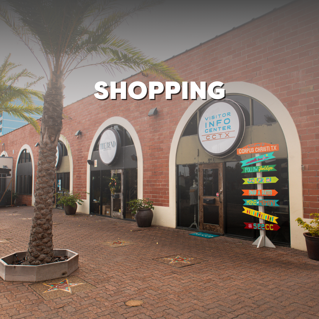 Brick building with arched windows labeled Visitor Info Center near palm tree in shopping area.
