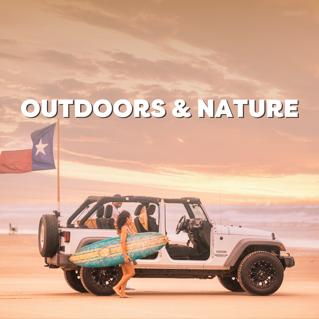 Surfer girl with surfboard stands by a Jeep on a sandy beach at sunset with a Texas flag waving gently