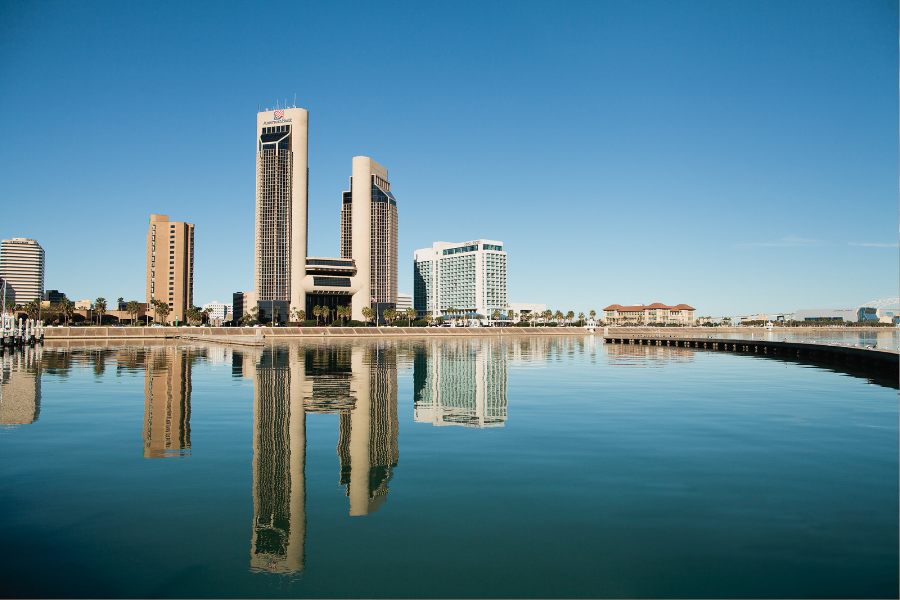 The Corpus Christi Skyline, including the Corpus Christi Bay, American Bank Tower, and more downtown buildings.