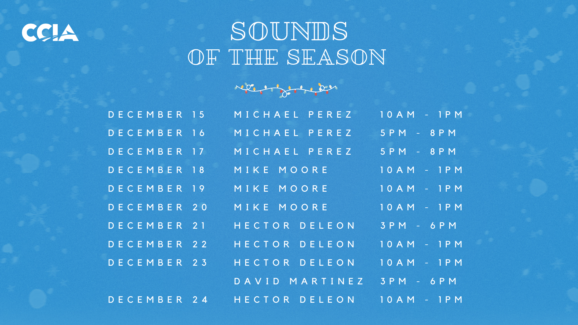 Blue graphic with the Sounds of the Season schedule for December 2024.